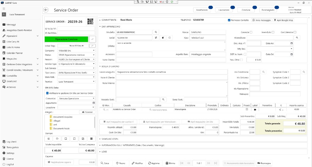 Anteprima schermata LABNET Core — service order