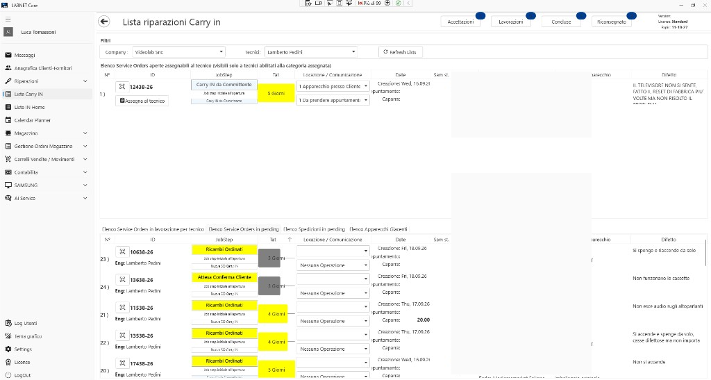 Liste riparazioni Carry IN in LABNET